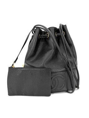 Chanel Handbag CC Logo Drawstring Bag Coco Charm Shoulder Caviar Leather Black